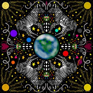 May include: A square, black graphic design featuring four zebras, each with a white and black striped pattern, arranged around a central Earth image. The design includes stars, planets, and suns in yellow, red, blue, and green.