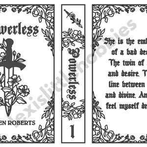 Könnte beinhalten: Ein schwarz-weißes Buchcover mit einem floralen Design. Der Titel des Buches lautet "Powerless" und der Autor ist "Lauren Roberts". Das Cover enthält auch ein Schwert mit einem floralen Design.