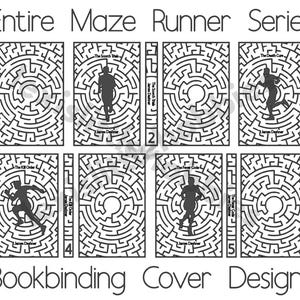 May include: Book covers for the Maze Runner series by James Dashner. The covers feature a black and white maze design with a silhouette of a runner in the centre. The titles of the books are "The Maze Runner", "The Scorch Trials", "The Death Cure", "The Kill Order", and "The Fever Code".