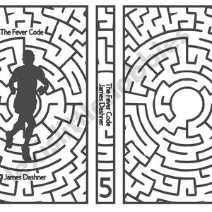 May include: The cover of "The Fever Code" book by James Dashner. The cover features a black and white maze with a silhouette of a person running through the center. The book title and author's name are printed on the spine.