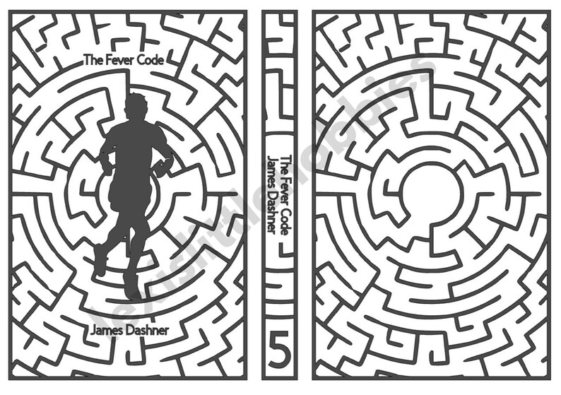 May include: The cover of "The Fever Code" book by James Dashner. The cover features a black and white maze with a silhouette of a person running through the center. The book title and author's name are printed on the spine.
