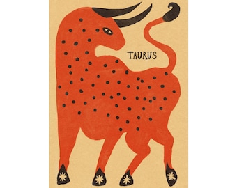 Taurus Zodiac Folk Art Print, Tabby Booth Illustration