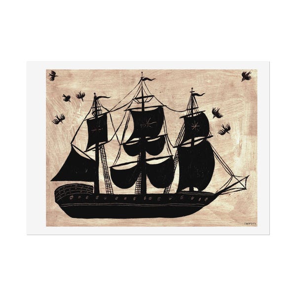 Ship Fine Art Print of Painting, Galeon folk illustration, nautical print