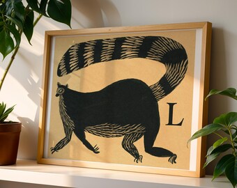 L for Lemur Fine Art Print, Animal Alphabet Illustration