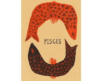 Pisces Zodiac Art Print, Folk Art Illustration