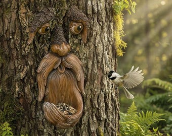 気まぐれな木の顔、屋外ガーデンオーナメント。木の男の壁面彫刻。妖精
