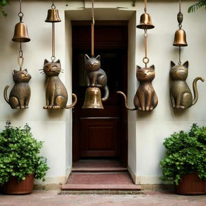 Könnte beinhalten: Eine Sammlung von bronzenen, katzenförmigen Windspielen und Glocken, die an einer Wand hängen. Die Katzen haben lächelnde Gesichter und sind mit Glocken aufgehängt. Die Szene spielt in einem Außenbereich mit Topfpflanzen und einer Holztür im Hintergrund.