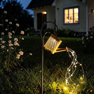 Solar Watering Can Light with Fairy String Lights – Garden Pathway Decor