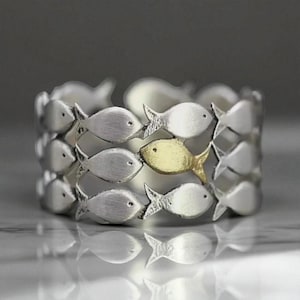 Swimming Against the Current Sterling Silver Adjustable Ring | School of Fish with Gold Fish Design | Unisex Gift for Him or Her | Unique