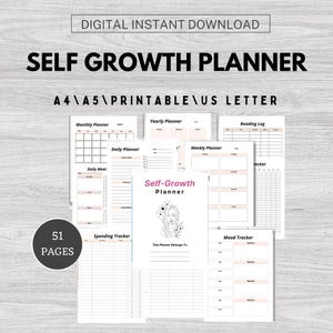Self Growth Planner | Digital Personal Development Journal | Printable Wellness & Gratitude Planner | Daily Prompts for Mindfulness, Growth