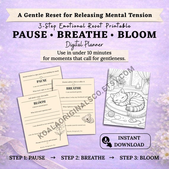 A Gentle Reset for Releasing Mental Tension – Pause-Breathe-Bloom | Calm Mind Journal Printable,  Emotional Reset PDF