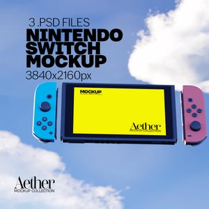 May include: A Nintendo Switch mockup with a yellow screen and detached blue and pink Joy-Con controllers. The text "3.PSD FILES NINTENDO SWITCH MOCKUP 3840x2160px" is displayed at the top. The Aether Mockup Collection logo is at the bottom.