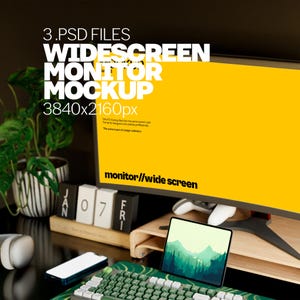 Puede incluir: Configuración de espacio de trabajo moderno con una maqueta de monitor de pantalla ancha. El texto en la pantalla dice "3.PSD FILES WIDESCREEN MONITOR MOCKUP 3840x2160px". La escena incluye un teclado, una tableta, un smartphone y una planta.