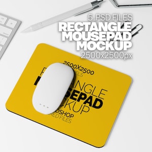 Rectangle Mousepad Mockup Bundle placed on a White Minimalist Table for POD Businesses - 5 psd Mock-up Files