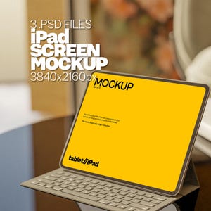 May include: A gold iPad mockup with a yellow screen and a keyboard attached. The screen displays the text "tablet//iPad" and "Set of 3" in the top right corner. The text "3 PSD FILES iPad SCREEN MOCKUP 3840x2160px" is in the top left corner.