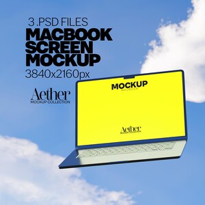 May include: A laptop mockup with a bright yellow screen against a blue sky background. The screen displays the word "MOCKUP" and the brand name "Aether". The image also includes text indicating the file type and resolution.
