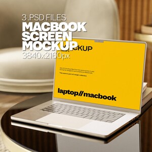 Może przedstawiać: Srebrny laptop z żółtym ekranem, na którym widnieje tekst "laptop//macbook". Laptop stoi na czarnym stole, w tle widać białe krzesło.