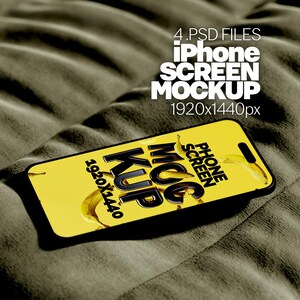May include: A black iPhone mockup with a yellow background and the text "PHONE SCREEN MOCKUP" and "1920x1440" on the screen.