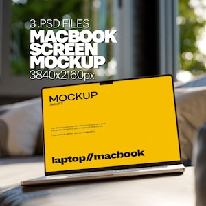Może przedstawiać: Makieta ekranu laptopa z żółtym tłem. Na ekranie widnieje tekst "MOCKUP Set of 3" i "laptop//macbook".