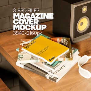 May include: A stack of magazines with a yellow cover that says "MOCKUP" on it. The magazines are on a wooden surface. The text "3 PSD FILES MAGAZINE COVER MOCKUP 3840x2160px" is visible at the top of the image.