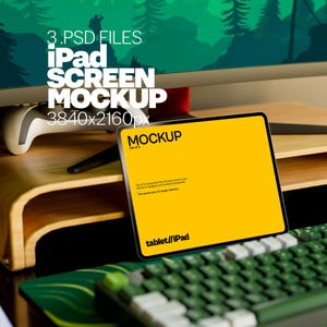 May include: A yellow iPad screen mockup with the text "MOCKUP Set of 3" and "tablet/iPad" on a black frame. The iPad is on a green keyboard and a wooden surface. The text "3. PSD FILES iPad SCREEN MOCKUP 3840x2160px" is visible in the background.