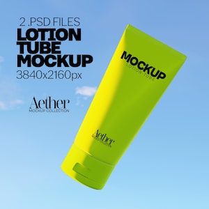 Może przedstawiać: Neonowo-zielona makieta tubki z balsamem na tle błękitnego nieba. Na tubce widnieją czarne napisy "MOCKUP" i "LOTION TUBE". Widoczny jest również tekst "2.PSD FILES LOTION TUBE MOCKUP 3840x2160px" oraz "Aether MOCKUP COLLECTION".