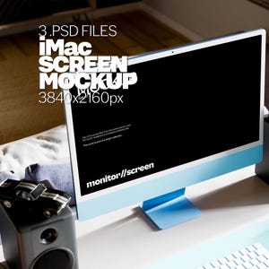 May include: A blue iMac computer screen mockup with a black screen. The text "monitor//screen" is visible at the bottom of the screen. The computer is sitting on a white desk. 3 PSD files, iMac screen mockup, 3840x2160px.