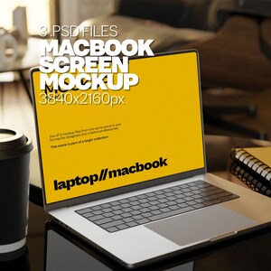 May include: A silver laptop computer with a yellow screen displaying the text "MACBOOK SCREEN MOCKUP 3840x2160px" and the text "laptop//macbook".