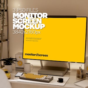 Może przedstawiać: Makieta monitora komputerowego z żółtym ekranem wyświetlającym tekst "monitor//screen". Monitor stoi na biurku z klawiaturą, myszką i innymi artykułami biurowymi.