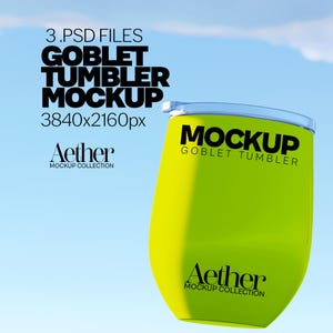 Può includere: Un mockup di bicchiere a calice verde lime con coperchio trasparente. Il testo "MOCKUP GOBLET TUMBLER" è stampato sul bicchiere. L'immagine include anche il testo "3.PSD FILES GOBLET TUMBLER MOCKUP 3840x2160px" e "Aether MOCKUP COLLECTION".