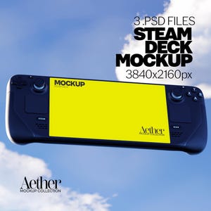 Puede incluir: Una maqueta de Steam Deck negra con una pantalla amarilla brillante, sobre un cielo azul con nubes. Se muestra el texto "3.PSD FILES STEAM DECK MOCKUP 3840x2160px". También es visible el logotipo de Aether Mockup Collection.