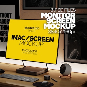 May include: A yellow iMac computer screen mockup with the text "iMac/Screen Mockup" and "3840x2160 Pixels" on the screen. The computer is on a wooden desk with a keyboard, mouse, and a small clock.