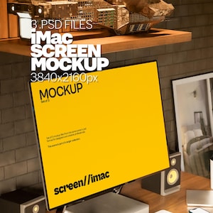 Może przedstawiać: Makieta ekranu komputera iMac z żółtym tłem. Ekran ma rozdzielczość 3840 x 2160 pikseli i jest częścią zestawu 3 makiet. Na ekranie wyświetlany jest tekst "screen//imac".
