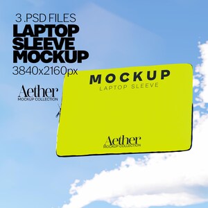 Può includere: Un mockup di custodia per laptop giallo brillante con la scritta "MOCKUP LAPTOP SLEEVE". L'immagine include anche il testo "3.PSD FILES LAPTOP SLEEVE MOCKUP 3840x2160px" e il logo "Aether MOCKUP COLLECTION".