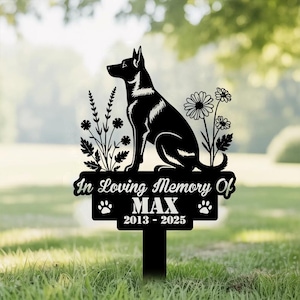 Estaca conmemorativa personalizada para perro, lápida para perro, letrero de jardín para perro pastor belga malinois, estaca metálica para la pérdida de un perro, estaca conmemorativa