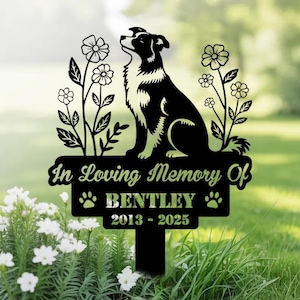 Estaca conmemorativa personalizada para perro, lápida para perro, letrero de jardín para perro border collie, estaca metálica para la pérdida de un perro, estaca conmemorativa