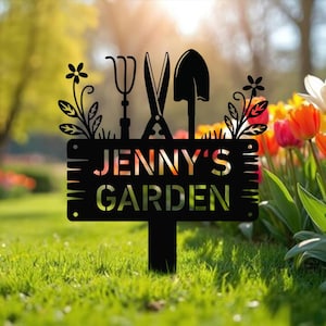 Personalized Garden Tools Metal Sign, Custom Garden Sign with Stake, Gardener Name Sign, Garden Decor, Garden Yard Decor, Gift for Mom