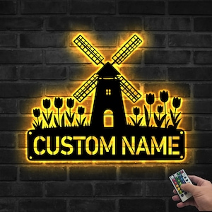 Custom name Windmill Metal Sign, Personalized Windmill Metal Wall Art With LED Lights, Windmill Name Sign Decoration, Windmill Wall Hanging
