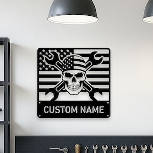 Custom US Skull Mechanic Metal Wall Art With LED Light, Personalized Mechanic Garage Name Sign Decoration For Room, Mechanic Metal LED Decor
