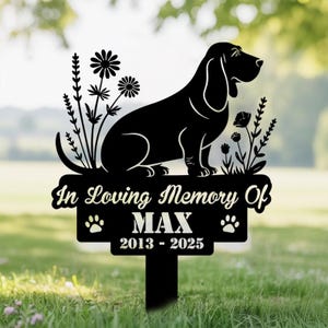 Estaca conmemorativa personalizada para perro, lápida para perro, letrero de jardín para perro Basset Hound, estaca metálica para la pérdida de un perro, estaca conmemorativa