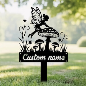 Personalized Fairy Metal Garden Sign, Custom Metal Fairy Garden Stake, Fairy Mushroom Yard Sign, Garden Yard Decor, Garden Name Sign
