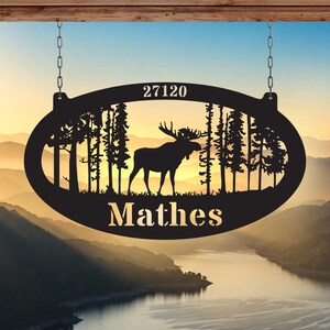 Letrero de metal personalizado para casa forestal, letrero de cabaña de alces personalizado, letrero de bosque de alces personalizado, letrero de cabaña con nombre y dirección personalizados