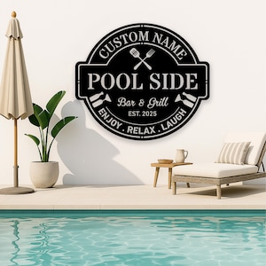 Custom Poolside Oasis Sign, Personalized PoolSide Metal Sign, Custom Poolside Sign, Pool Oasis, Family Bar and Grill Sign Outdoor Pool Decor