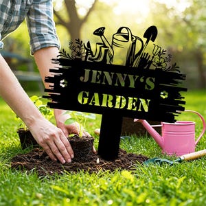Personalized Garden Sign with Stake, Garden Tools Metal Sign, Gardener Name Sign, Garden Decor, Garden Yard Decor, Gift for Mom/ Grandma