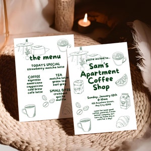 Pacote de apartamento de cafeteria: convite para festa e menu | Café em casa | Download de modelo digital personalizado, convite para festa de brunch, inauguração de casa