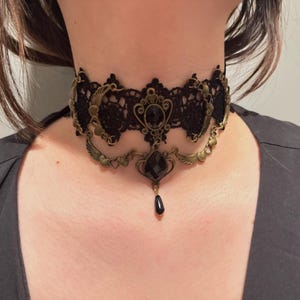 Gothic Black Lace Choker Necklace with Wing Charms & Gemstone Drop – Handmade Victorian Steampunk Jewelry