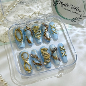 3D Golden Dragon Press-On Nails: Blue Sky Long Nails with Luxury Charms