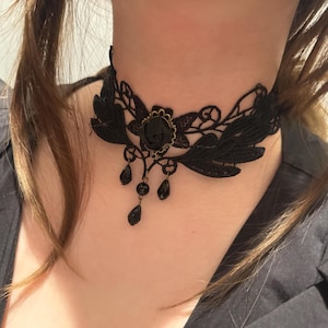 Gothic Black Lace Choker Necklace with Rose Flower & Teardrop Beads – Handmade Victorian Steampunk Jewelry