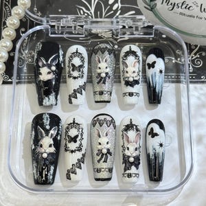 Gothic Bunny Lace Press On Nails - Handmade Lolita Black White 3D Rabbit Pearl False Nails