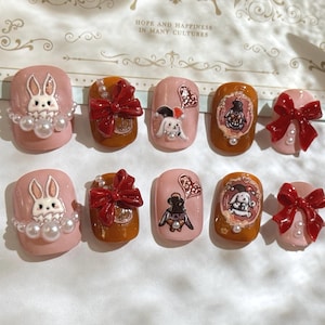 Vintage Bunny Handmade Press-On Nails – Pearl, Ribbon & Cute Brown Aesthetic Nails